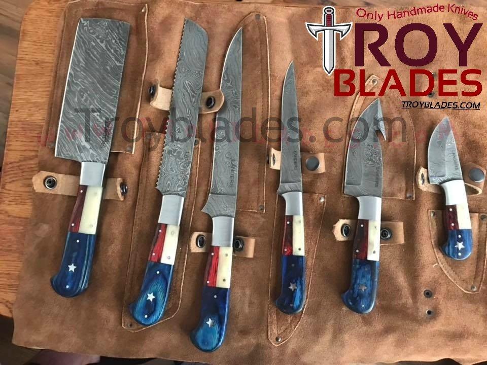 Custom Handmade Damascus Texas Flag kitchen/hunting Set - Troy Blades
