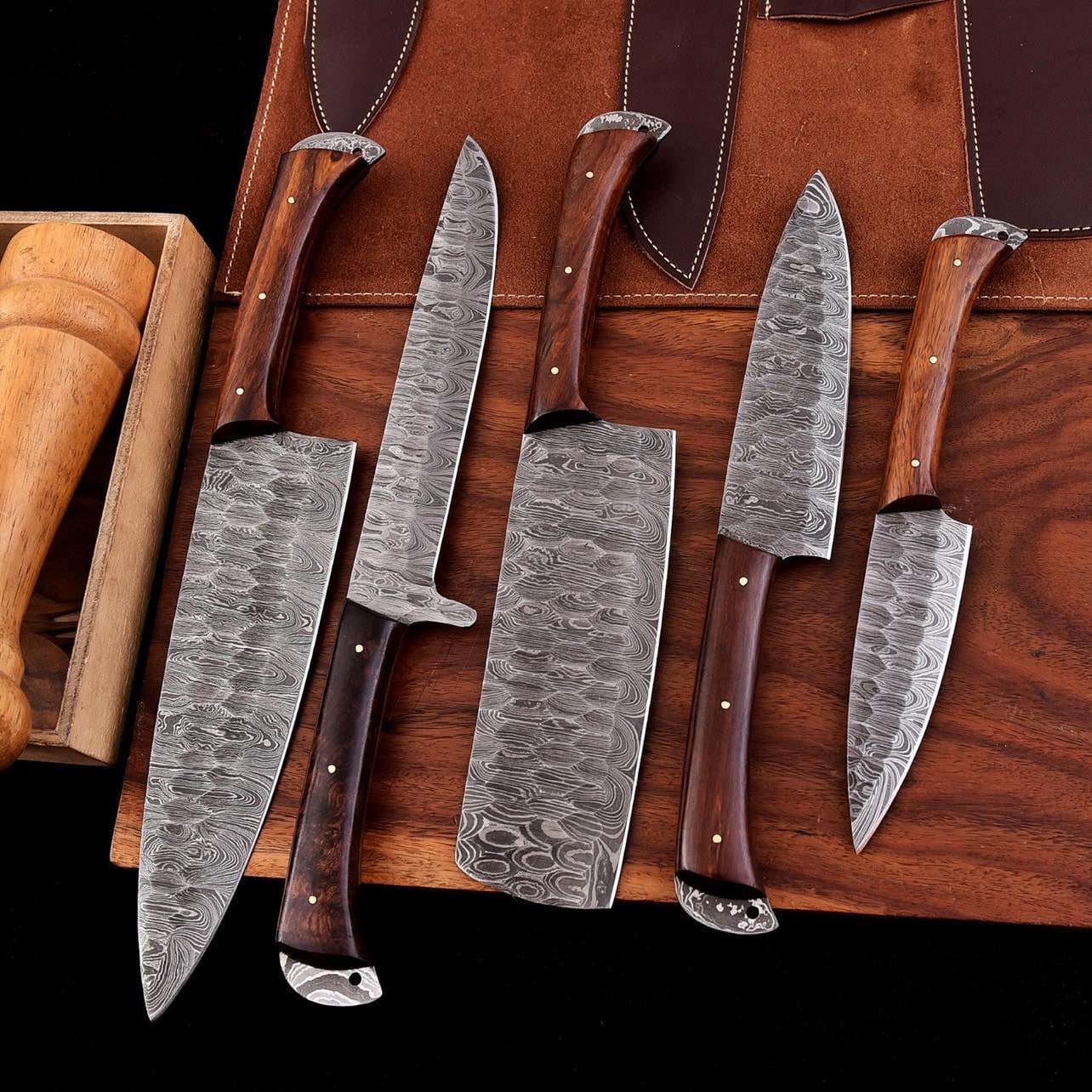 Father's Day 2026 Deal | Handmade 5pcs Damascus Set | Leather Roll Troy Blades