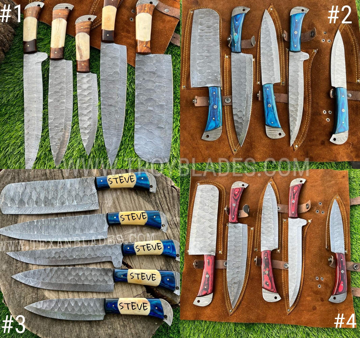 Valhalla Damasscus BBQ/Kitchen Sets  | 5-Piece Set + Leather Roll - Troy Blades