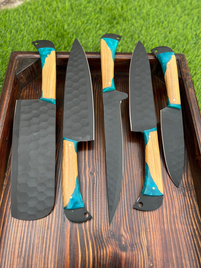 Valhalla BBQ/Kitchen Sets  | 5-Piece Set + Leather Roll - Troy Blades