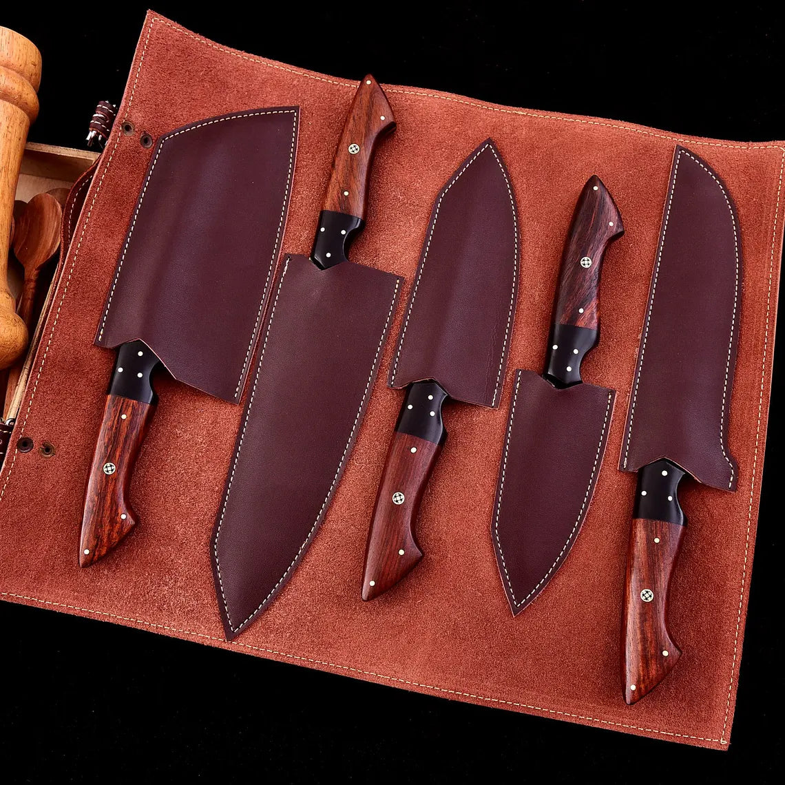 The Dahlia | 5-Piece Chef Knife Set + Leather Roll - Troy Blades