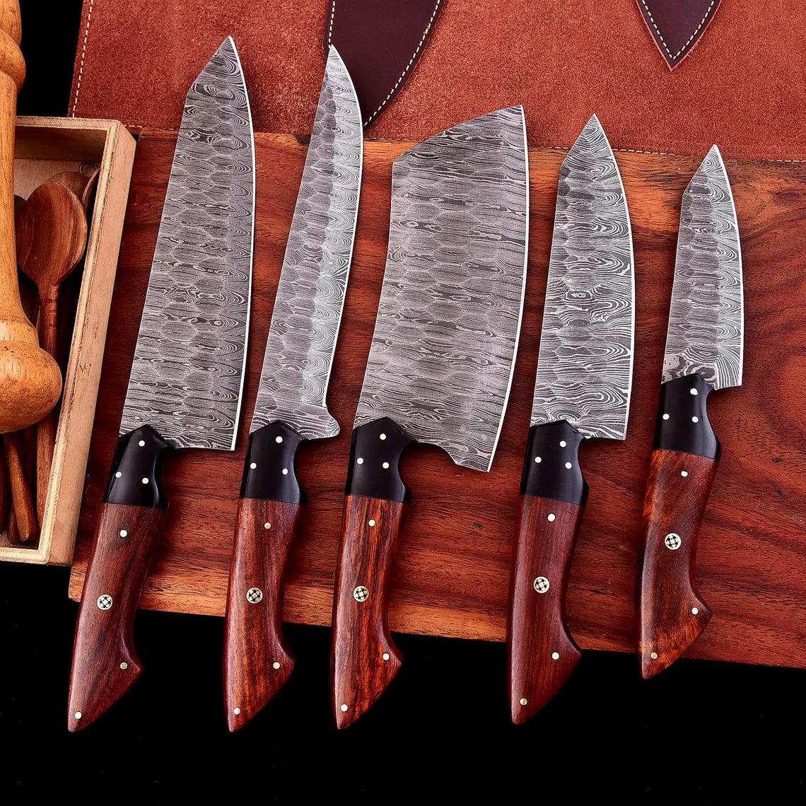 The Dahlia | 5-Piece Chef Knife Set + Leather Roll - Troy Blades