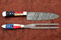 Texas Flag Handle Custom Handmade Damascus BBq knives Pair - Troy Blades