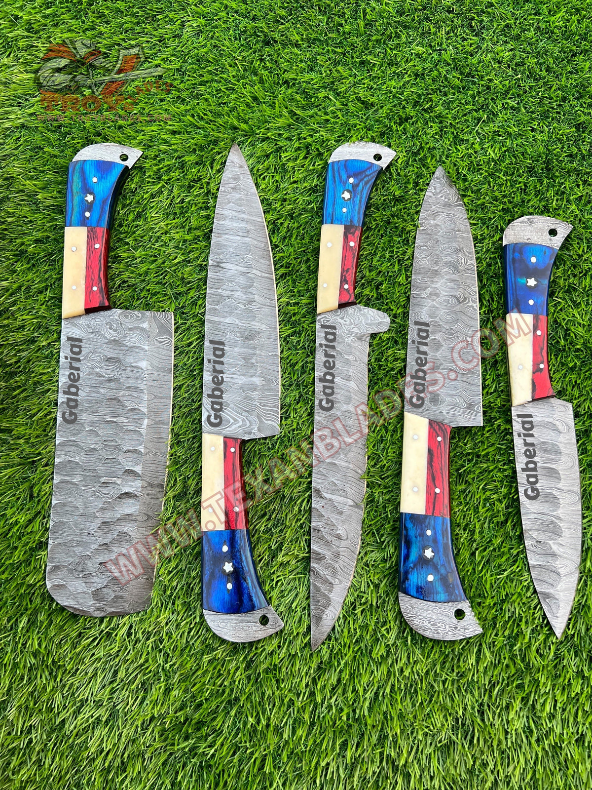 Personalized Texas Flag Handles The Valhalla  | 5-Piece Set + Leather Roll Texan Blades