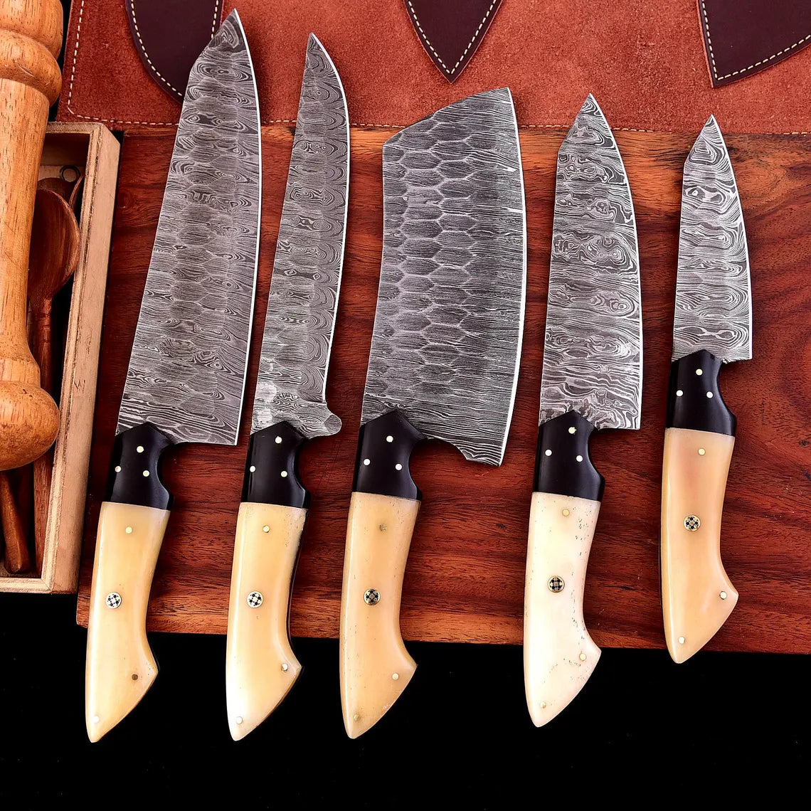 The Dahlia | 5-Piece Chef Knife Set + Leather Roll - Troy Blades