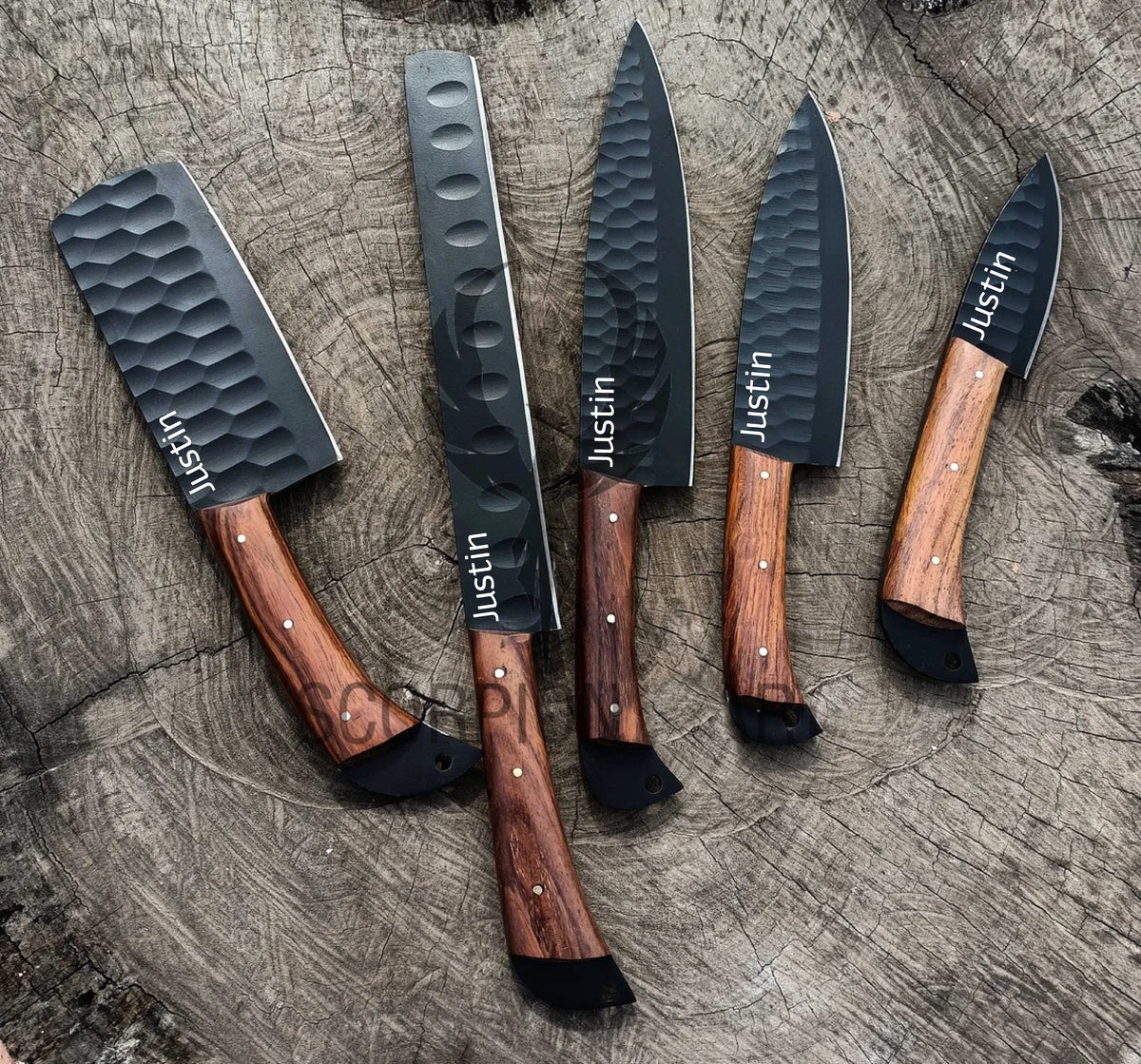 Personalized The Scorpion (RoseWood) | 5-Piece Set + Leather Roll CowBoy Blades