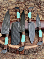 Personalized Valhalla Damascus Knife 5-Piece Set with Leather Roll Texan Blades