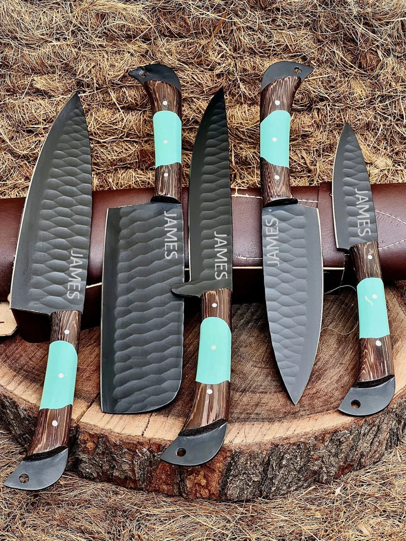 Personalized Valhalla Damascus Knife 5-Piece Set with Leather Roll Texan Blades