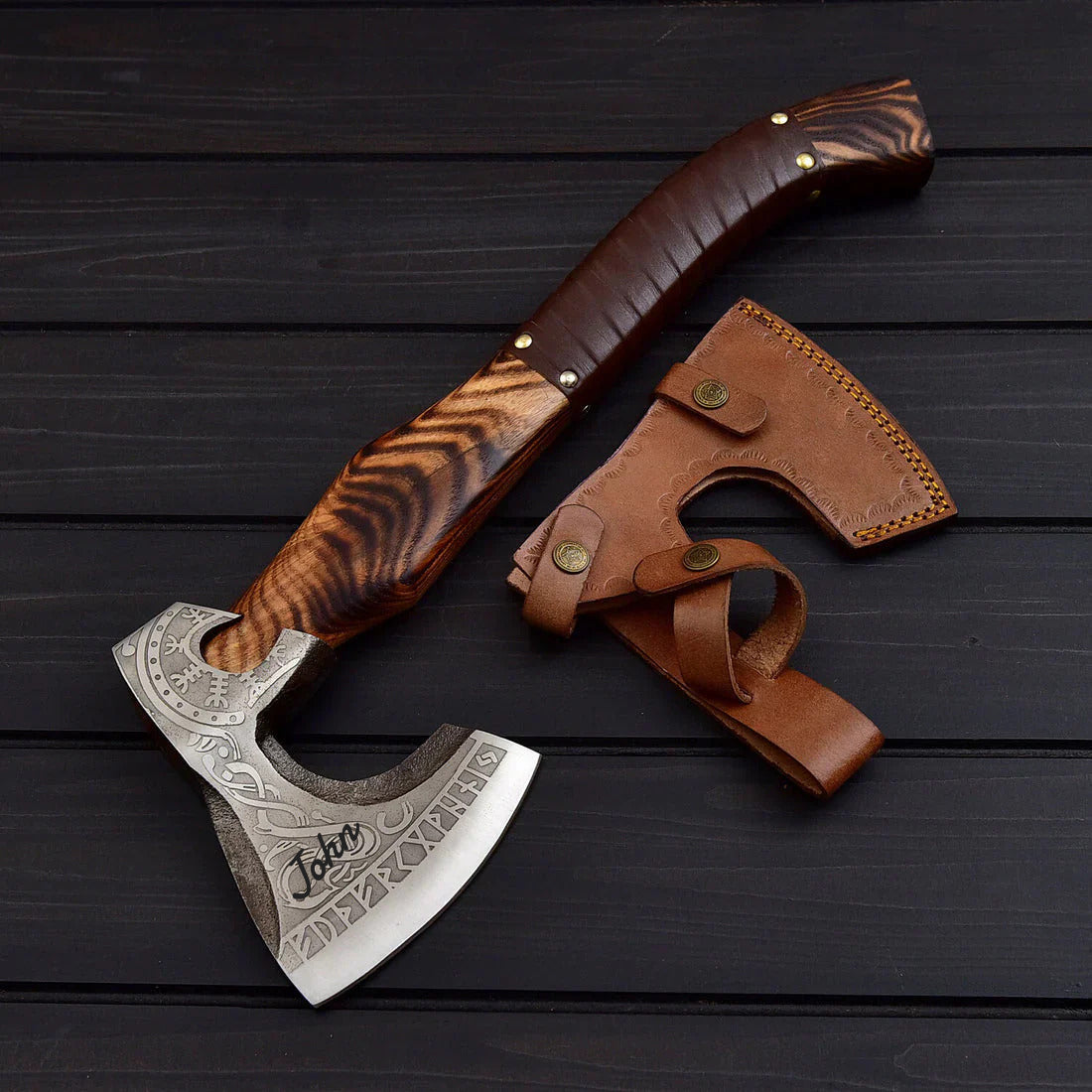 Personalized Viking Tomahawk for Sale - Engraved 1095 Forged Steel Blade, Ash Wood Handle with Leather Wrap, Leather Sheath Troy Blades