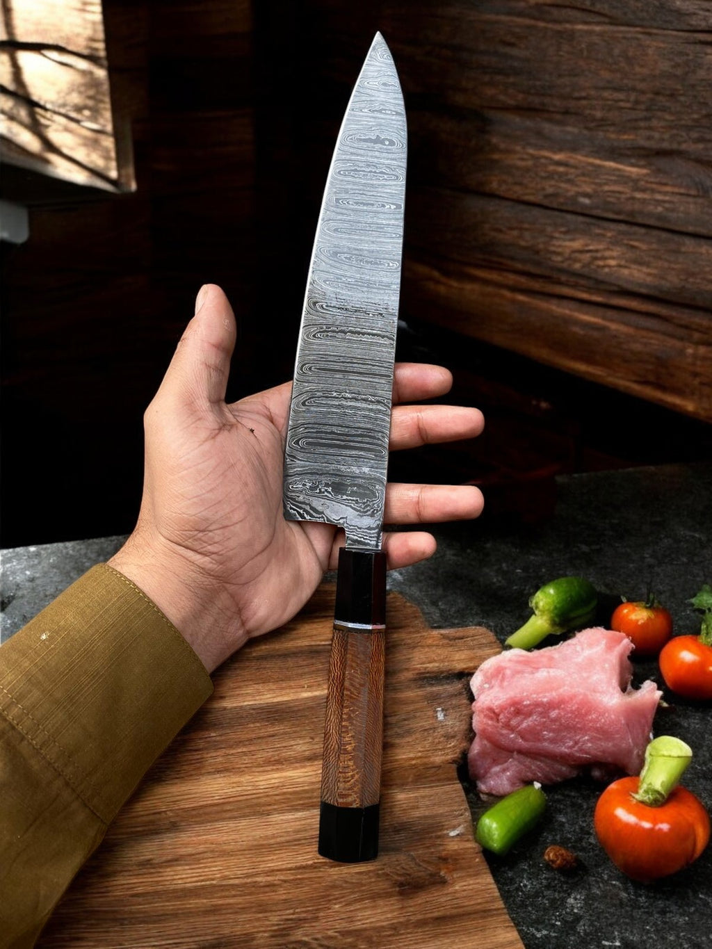 Christmas Bundle Deal Handmade Damascus Steel Hunting Knife, 15" Chef Knife And Gut Hook Ram Horn