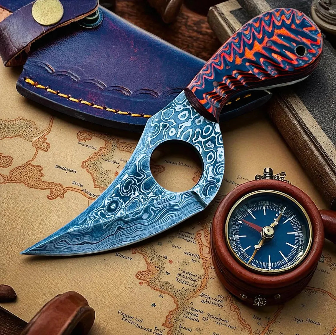 Christmas Bundle Deal Handmade Damascus Steel Hunting Knife, 15" Chef Knife And Gut Hook Ram Horn - Troy Blades