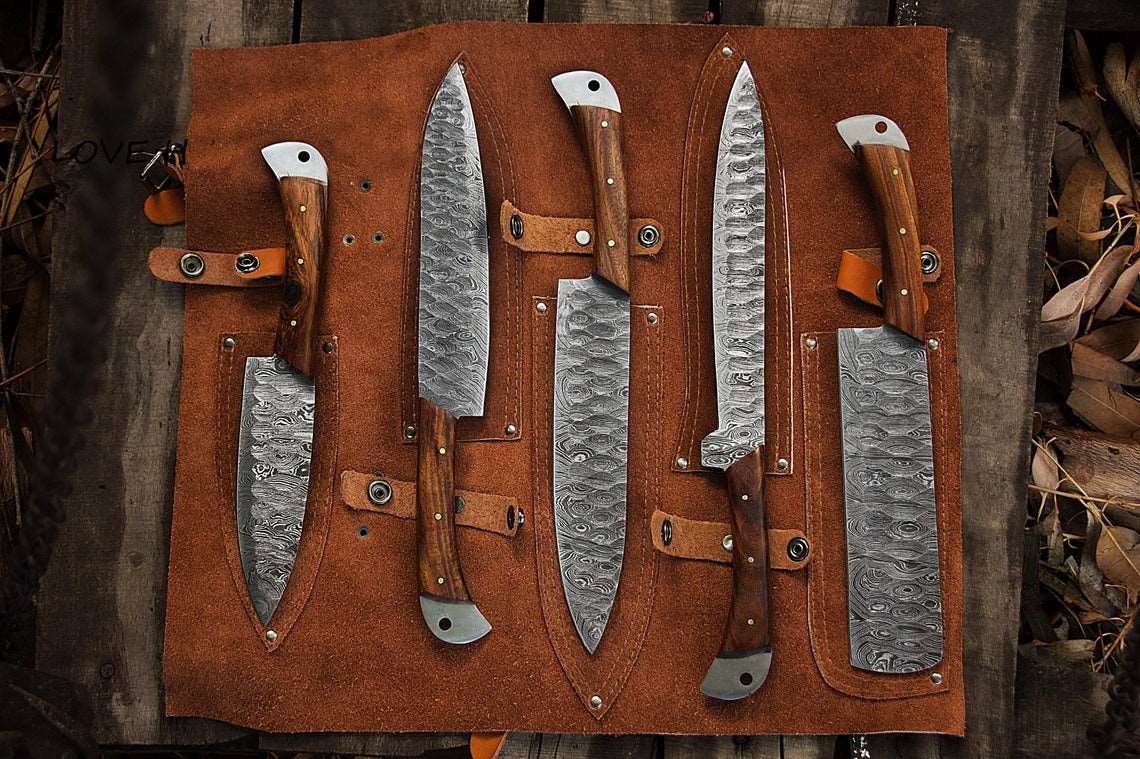 5-Pcs Handmade Damascus steel chef knife Set/Kitchen knife Leather Roll/valentine Gift/Kitchen and Dinning/gift for her/Christmas gift - Troy Blades