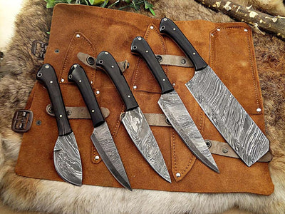 5-Pcs Handmade Damascus steel chef knife Set/Kitchen knife Leather Roll/valentine Gift/Kitchen and Dinning/gift for her/Christmas gift - Troy Blades