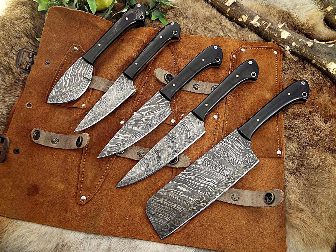 5-Pcs Handmade Damascus steel chef knife Set/Kitchen knife Leather Roll/valentine Gift/Kitchen and Dinning/gift for her/Christmas gift - Troy Blades