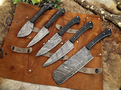 5-Pcs Handmade Damascus steel chef knife Set/Kitchen knife Leather Roll/valentine Gift/Kitchen and Dinning/gift for her/Christmas gift - Troy Blades