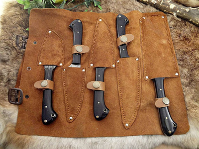 5-Pcs Handmade Damascus steel chef knife Set/Kitchen knife Leather Roll/valentine Gift/Kitchen and Dinning/gift for her/Christmas gift - Troy Blades