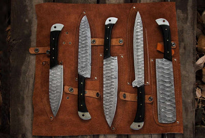 5-Pcs Handmade Damascus steel chef knife Set/Kitchen knife Leather Roll/valentine Gift/Kitchen and Dinning/gift for her/Christmas gift - Troy Blades