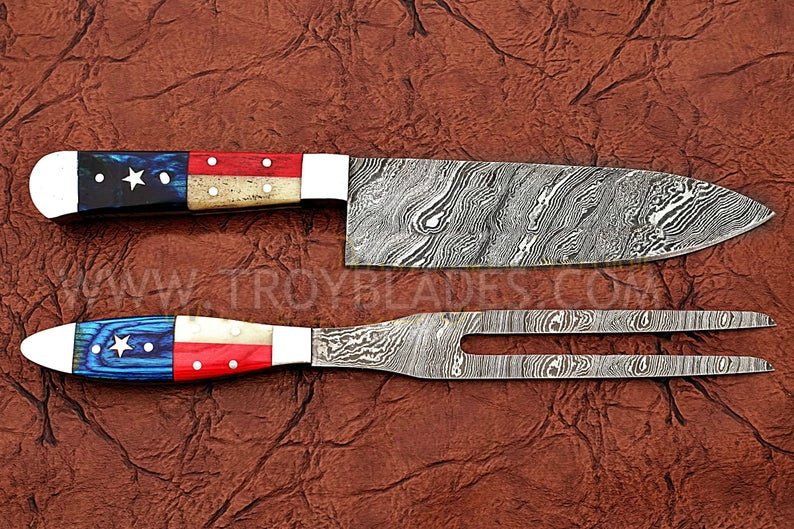 Texas Flag Handle Custom Handmade Damascus BBq knives Pair - Troy Blades