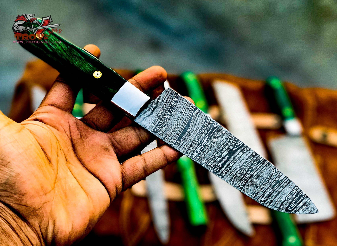 Custom hand made Damascus steel kitchen knives set 1081gr - Troy Blades