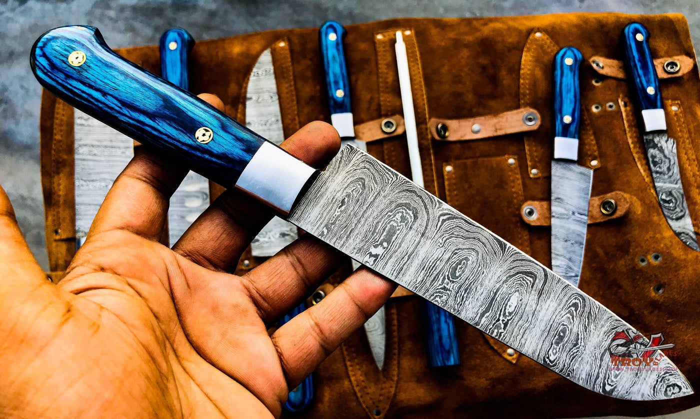 Beautiful Custom hand made Damascus steel kitchen knives set 1081blue - Troy Blades