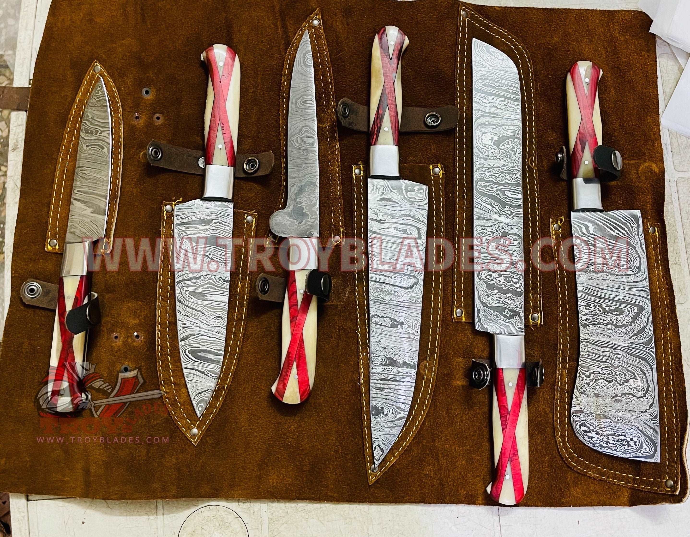 Beautiful Custom Blue hand made Damascus steel kitchen knives set 06 All - Troy Blades