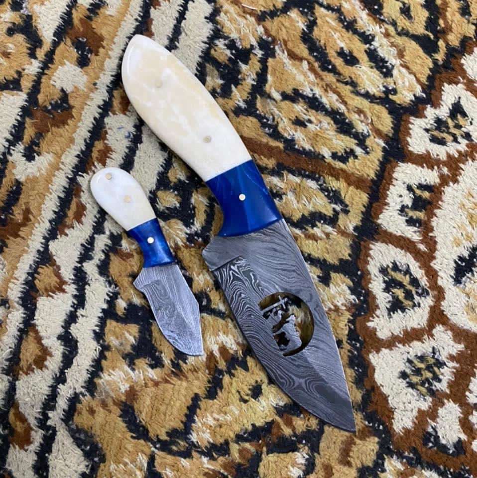 Custom Handmade Damascus Hunting skinning knife with Leather sheathe - Troy Blades