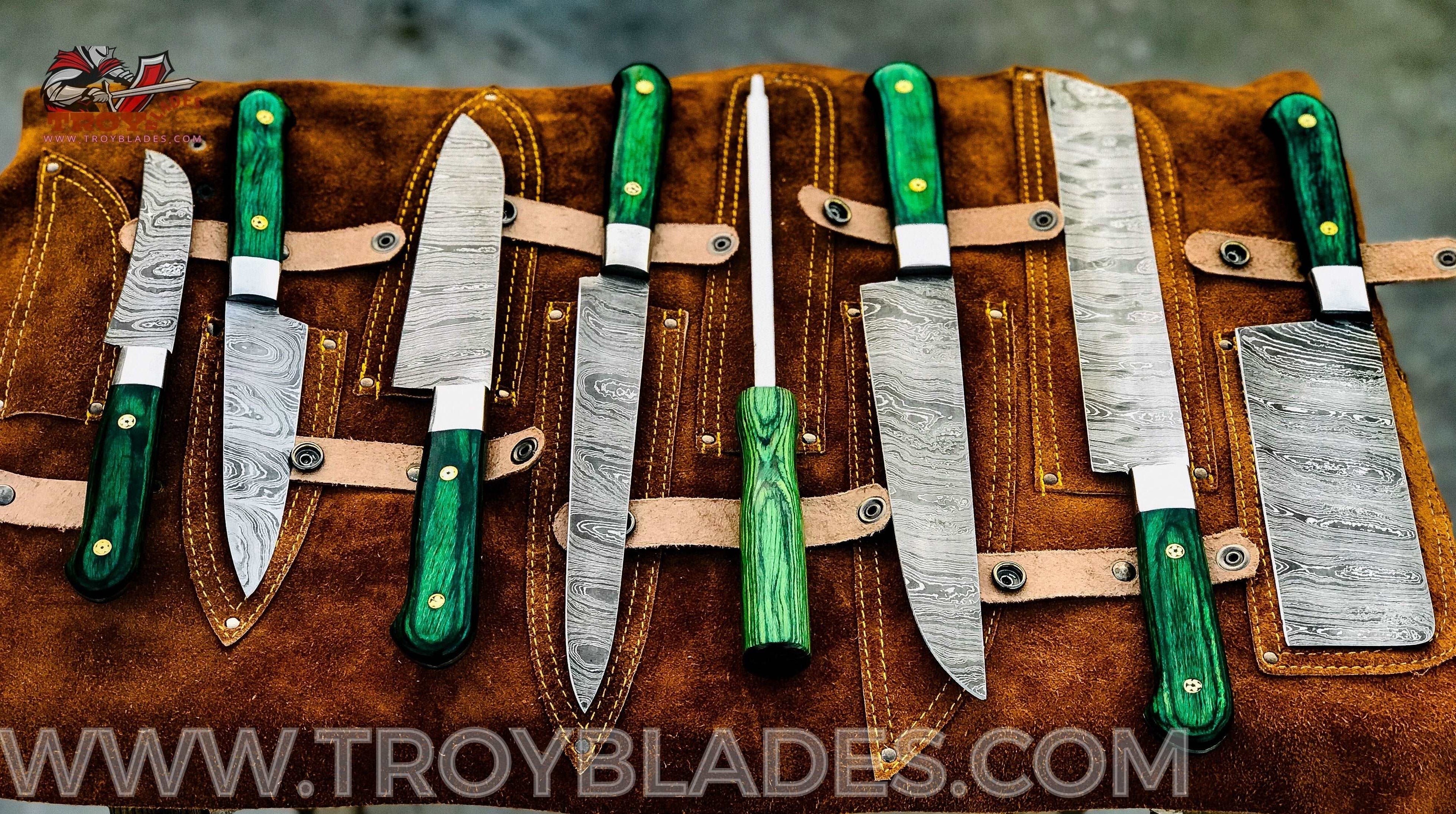 Beautiful Custom Blue hand made Damascus steel kitchen knives set 07 Rod All - Troy Blades