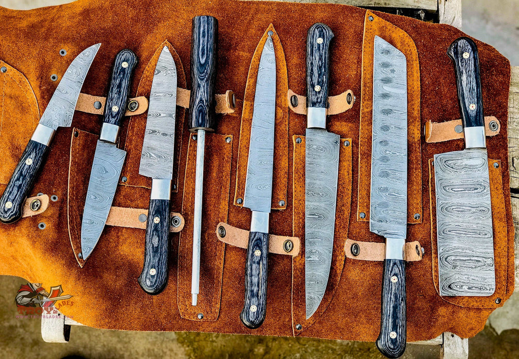 Custom hand made Damascus steel kitchen knives set - Troy Blades