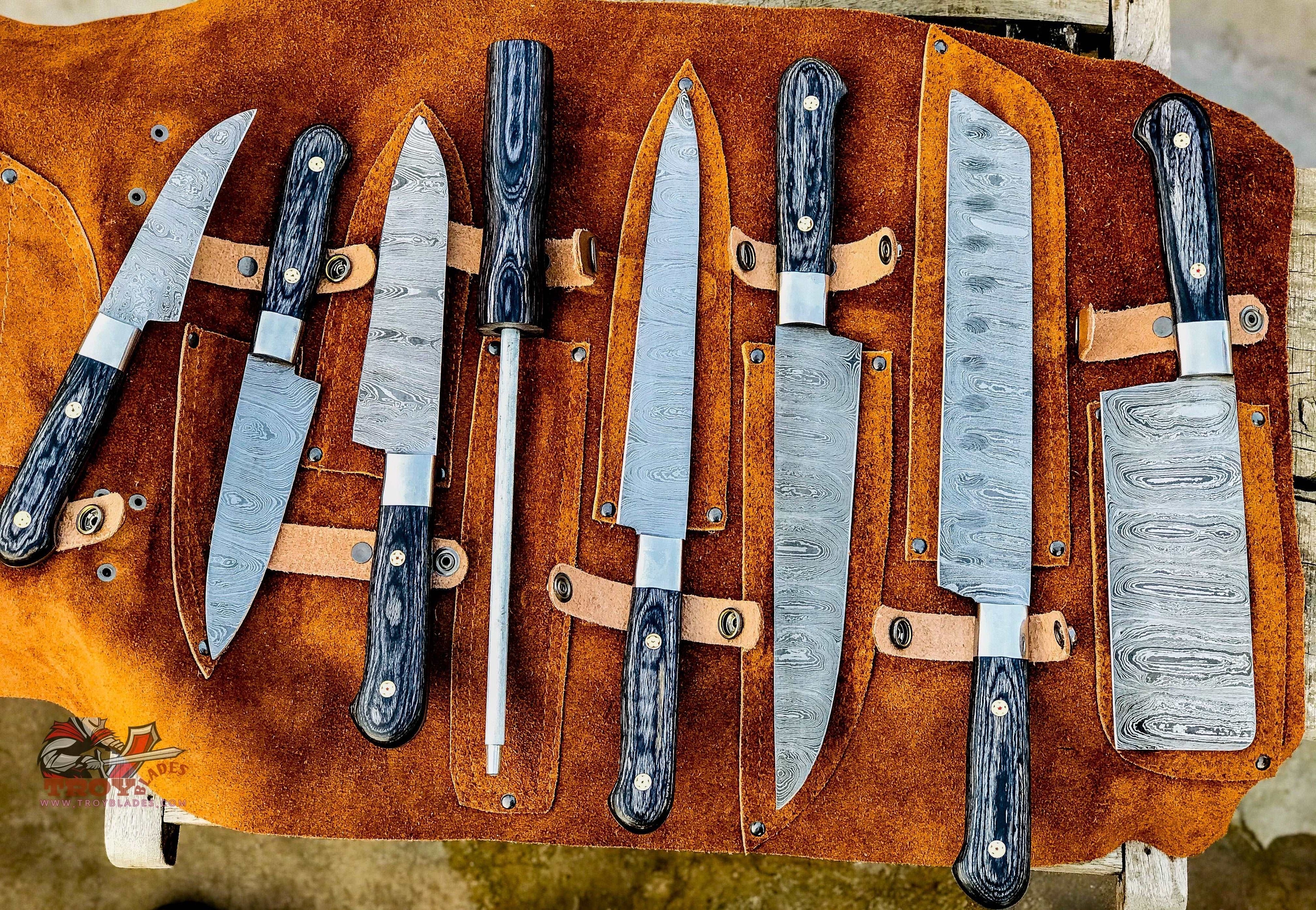 Custom hand made Damascus steel kitchen knives set - Troy Blades