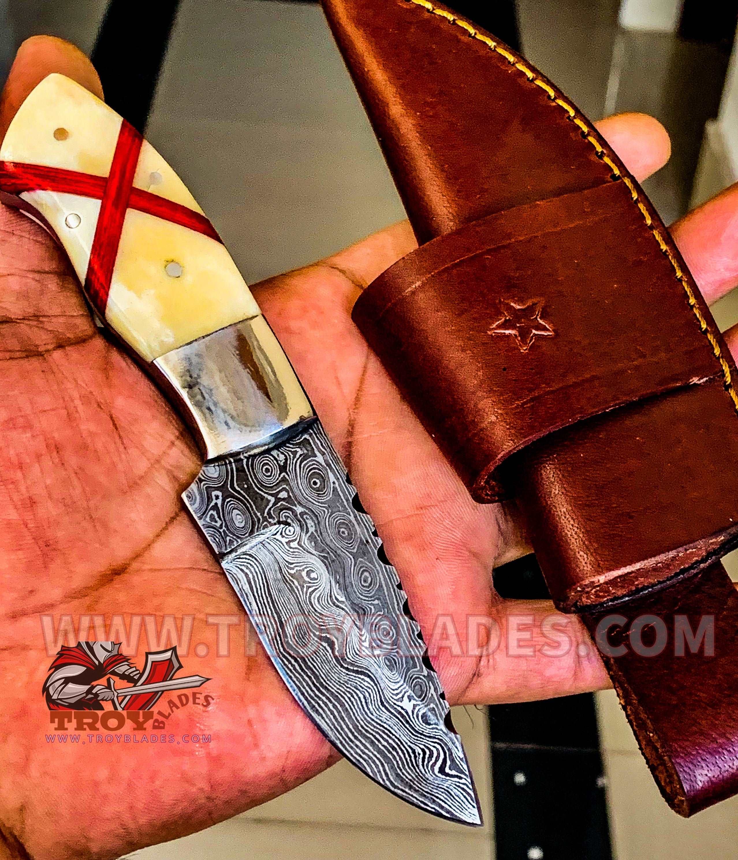 Custom handmade Damascus Hunting Skinning knife 6” overall - Troy Blades