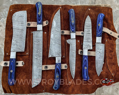 Beautiful Custom Blue hand made Damascus steel kitchen knives set 06 All - Troy Blades