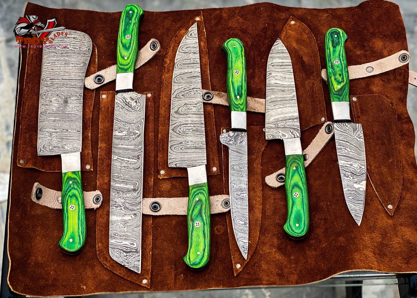 Beautiful Custom Blue hand made Damascus steel kitchen knives set 06 - Troy Blades