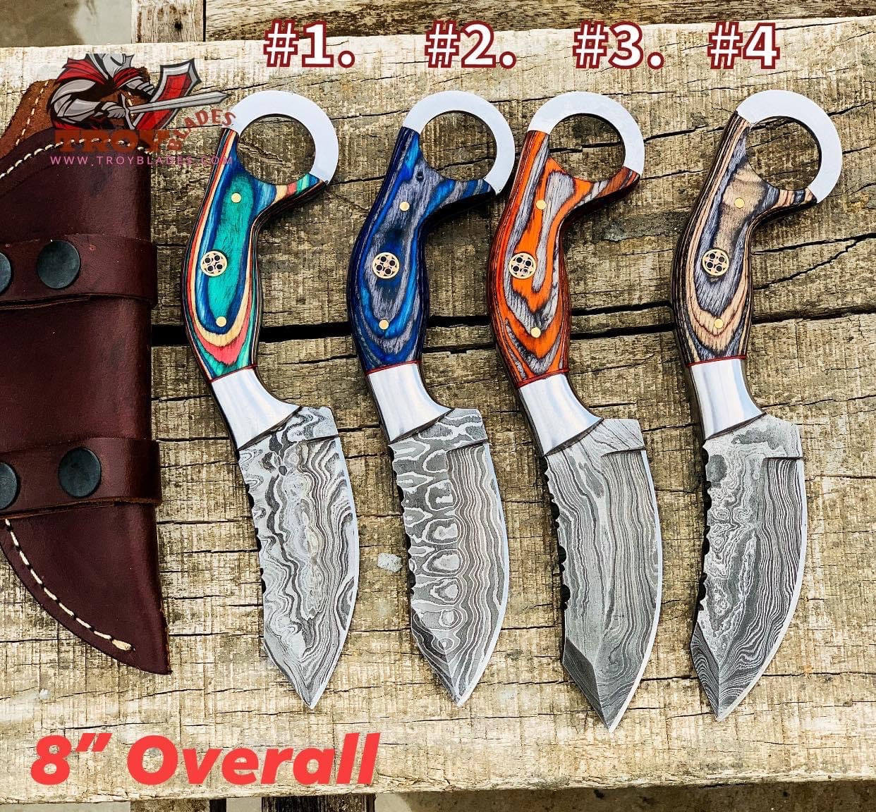 Custom Handmade Damascus Ring Hole Knives - Troy Blades