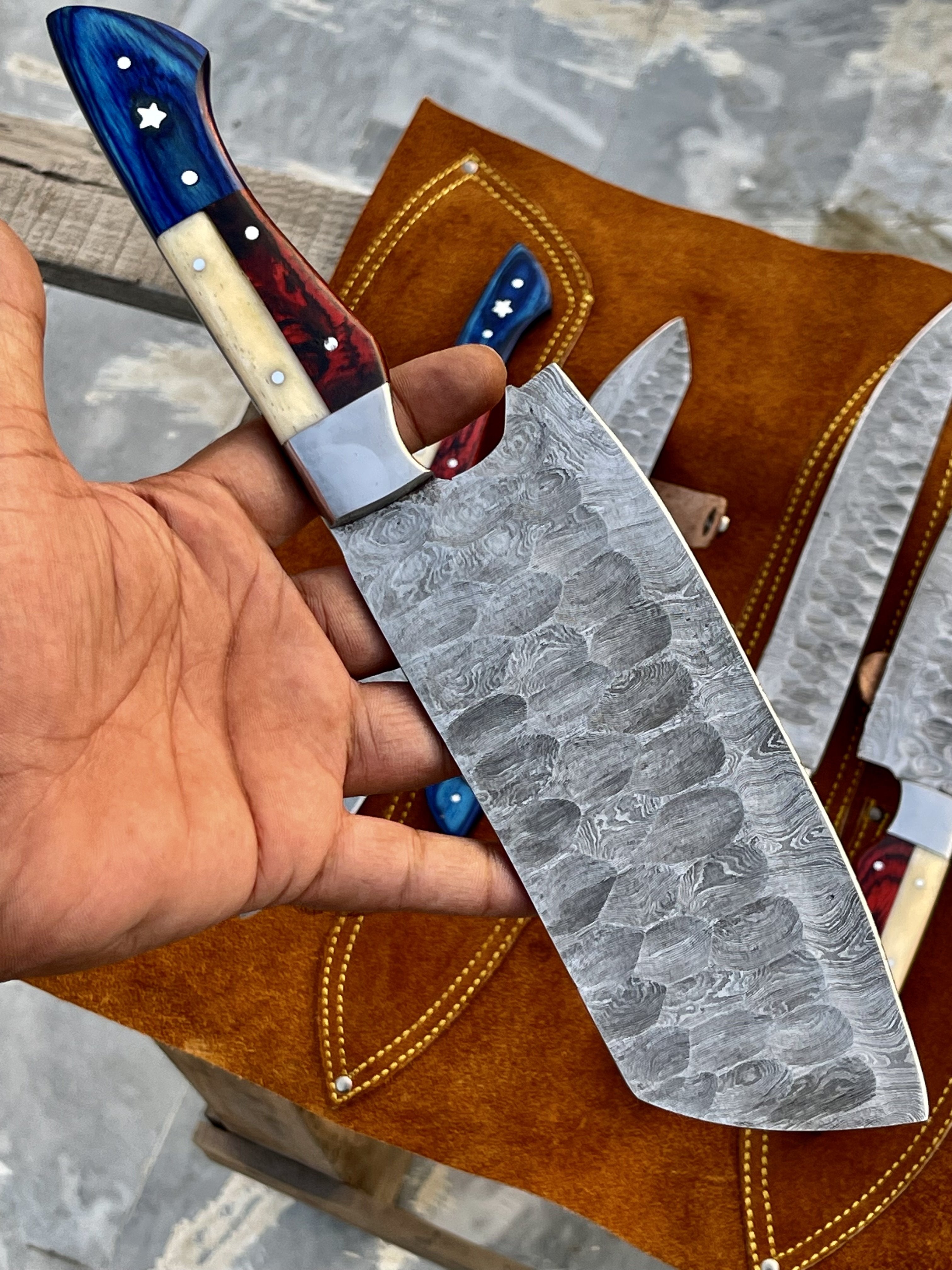 Texas Flag Handles Custom Handmade Damascus Outdoor Kitchen/BBq knives set - Troy Blades