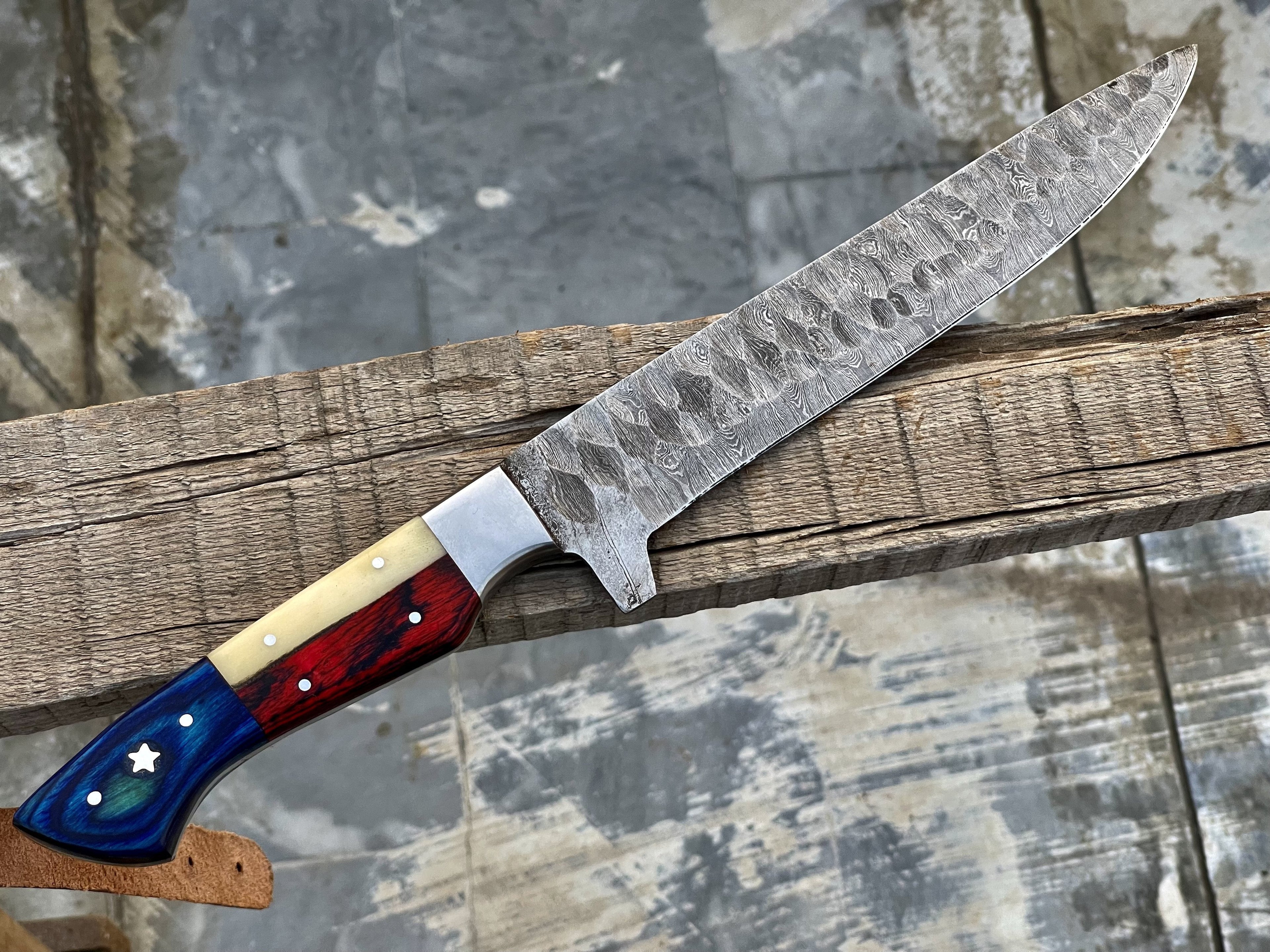 Texas Flag Handles Custom Handmade Damascus Outdoor Kitchen/BBq knives set - Troy Blades