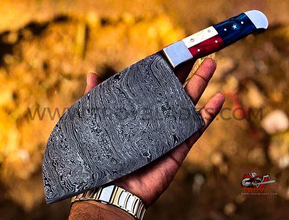 Texas Handle Custom Handmade Damascus  Serbian Cleaver Multiuse Chopping knife - Troy Blades