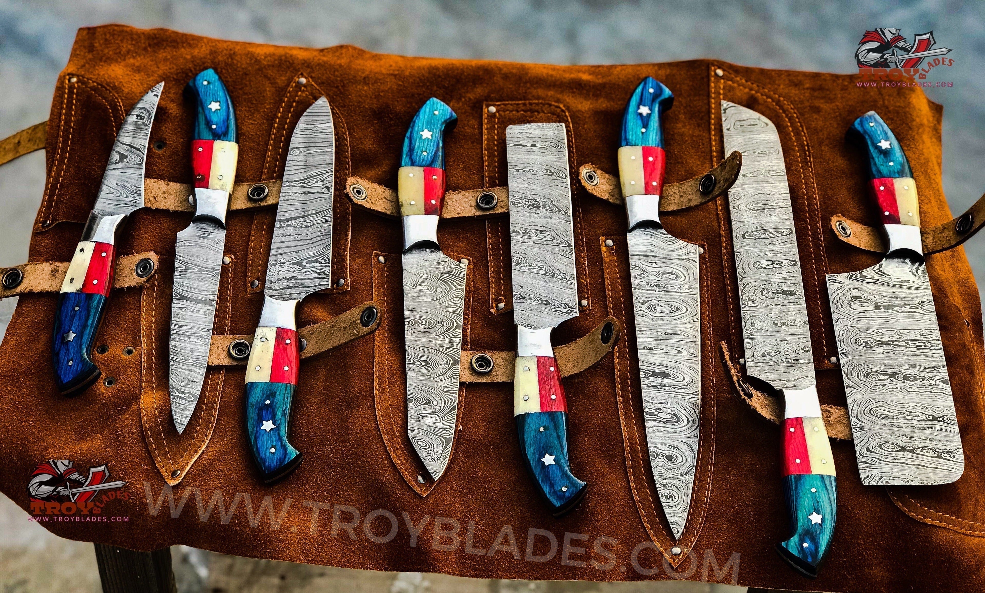 Custom Handmade Damascus Texas Flag Handles Knives - Troy Blades