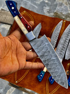 Texas Flag Handles Custom Handmade Damascus Outdoor Kitchen/BBq knives set - Troy Blades