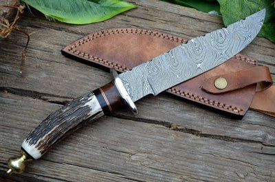 Custom handmade Damascus Antler Handle Bowie - Troy Blades