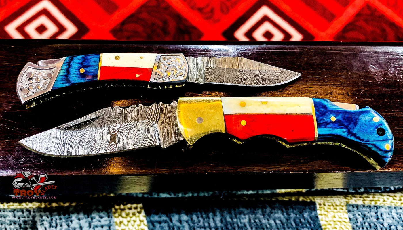 Texas Handles Beautiful Custom Handmade Damascus Pocket knives Pair - Troy Blades