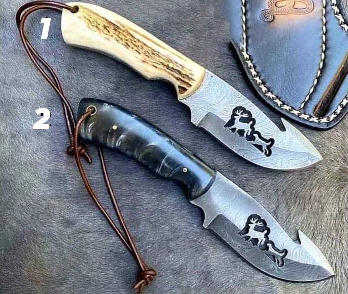 Custom Handmade Damascus Hunting skinning knife with Leather sheathe deer dog wirecut - Troy Blades
