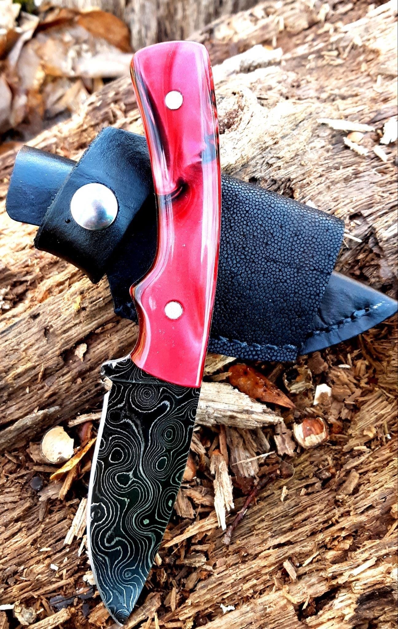 Epoxy Handles handmade Tear drop Damascus hunting skinning edc knives with belt loop sheathe - Troy Blades