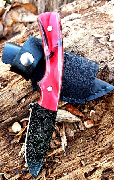 Epoxy Handles handmade Tear drop Damascus hunting skinning edc knives with belt loop sheathe - Troy Blades