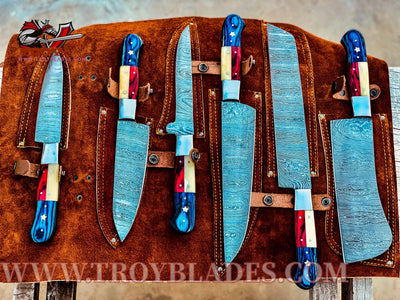Texas Handles Beautiful Custom hand made Damascus steel kitchen knives set - Troy Blades