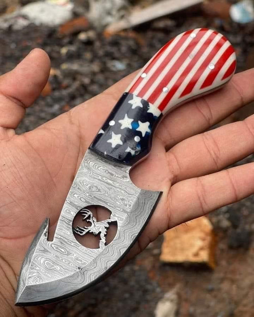 7.5” Overall Brand New US Flag handle hunting skinning Gut hook knife - Troy Blades