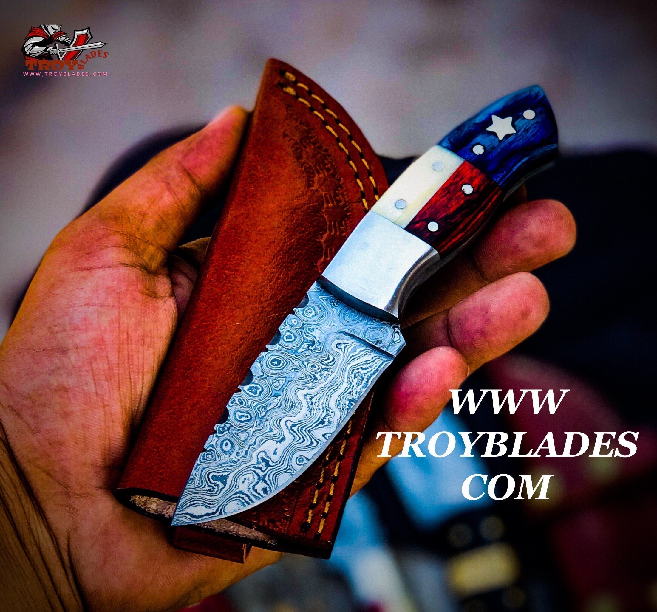 Texas Flag Handles Beautiful Custom Handmade Damascus Camp Hunting Skinning Knife - Troy Blades