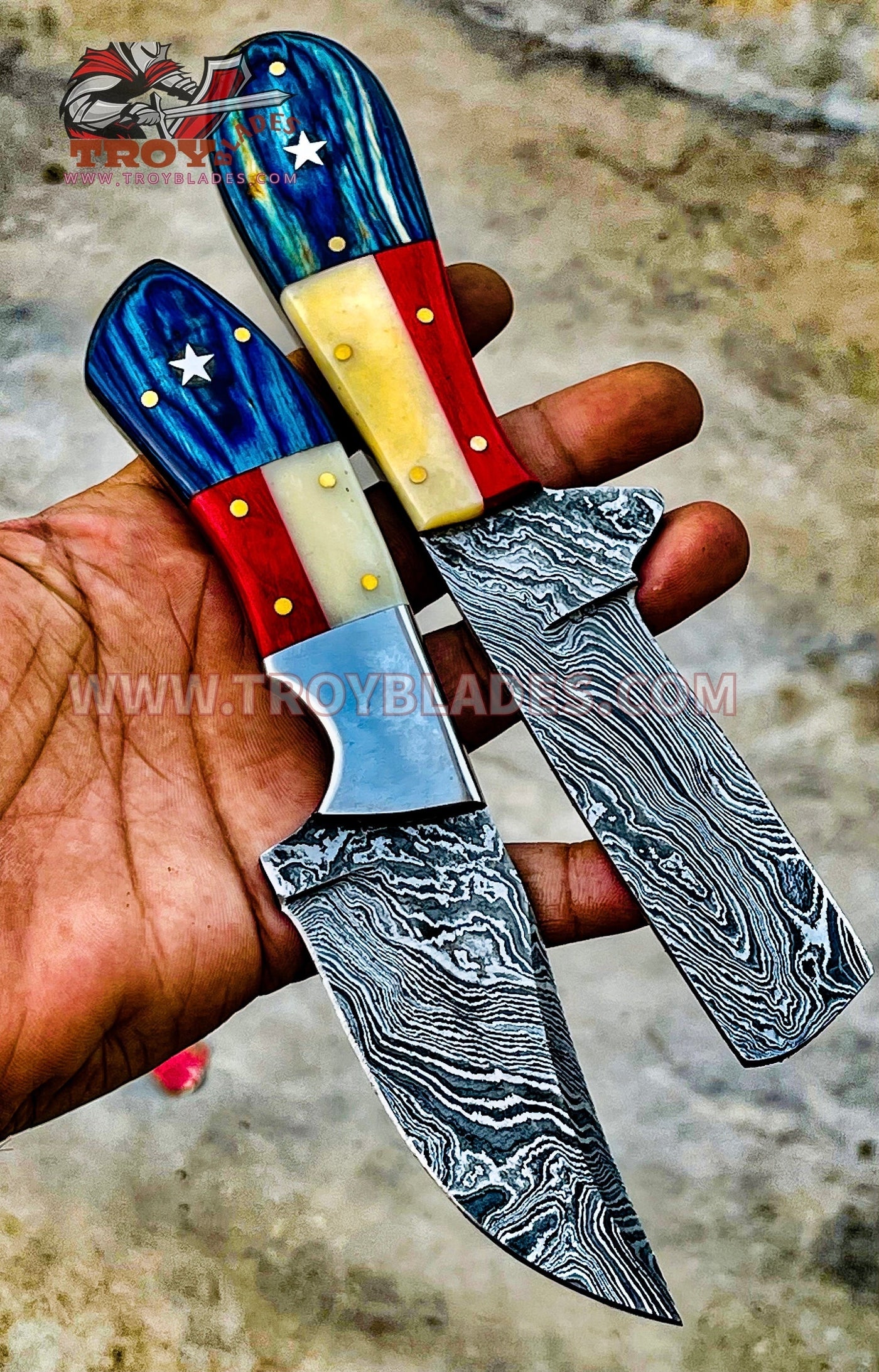 Texas Flag Handles bull cutter and skinning camp Damascus knife - Troy Blades