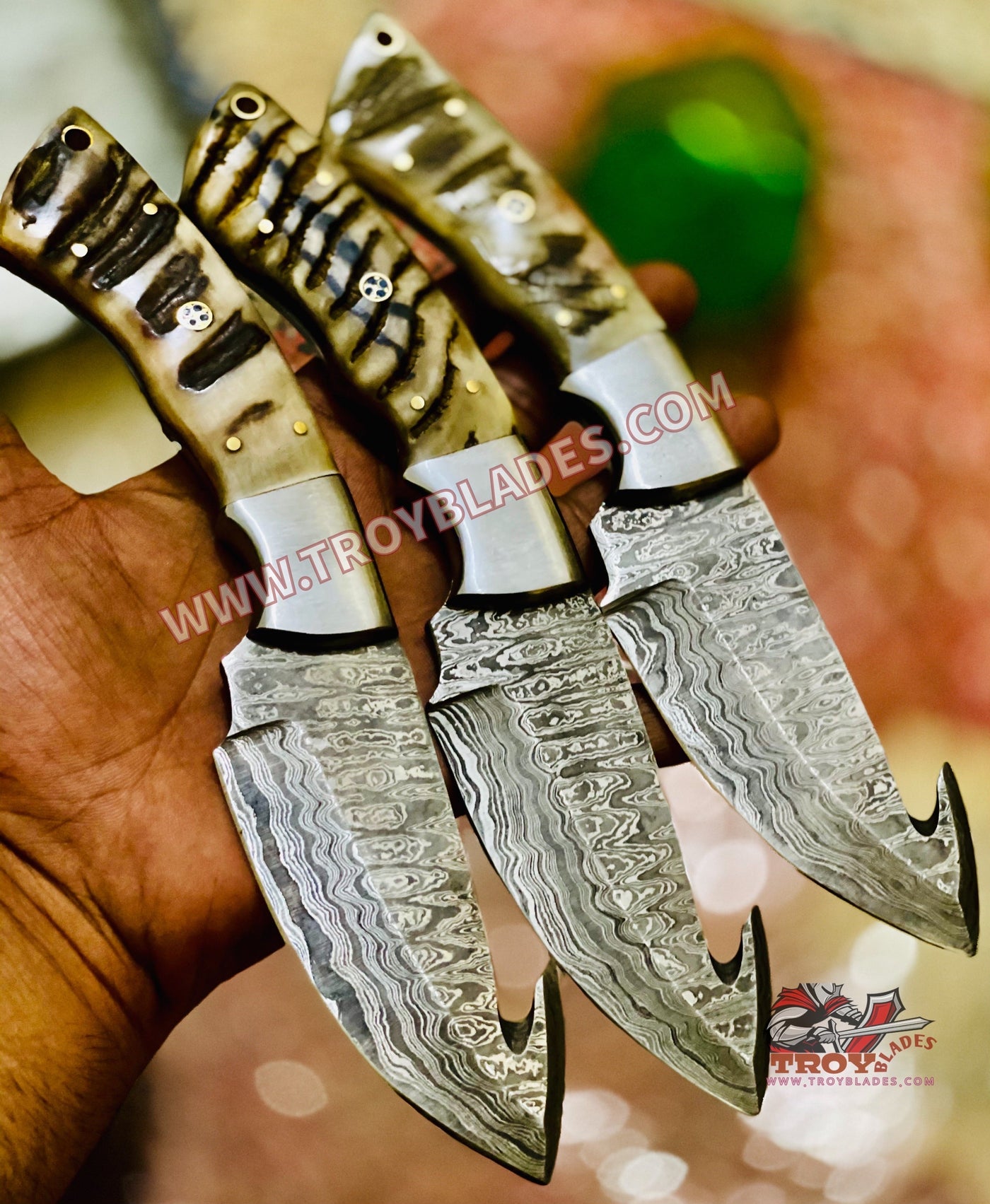 Custom Handmade Damascus Ram horn Gut hook knives deal - Troy Blades