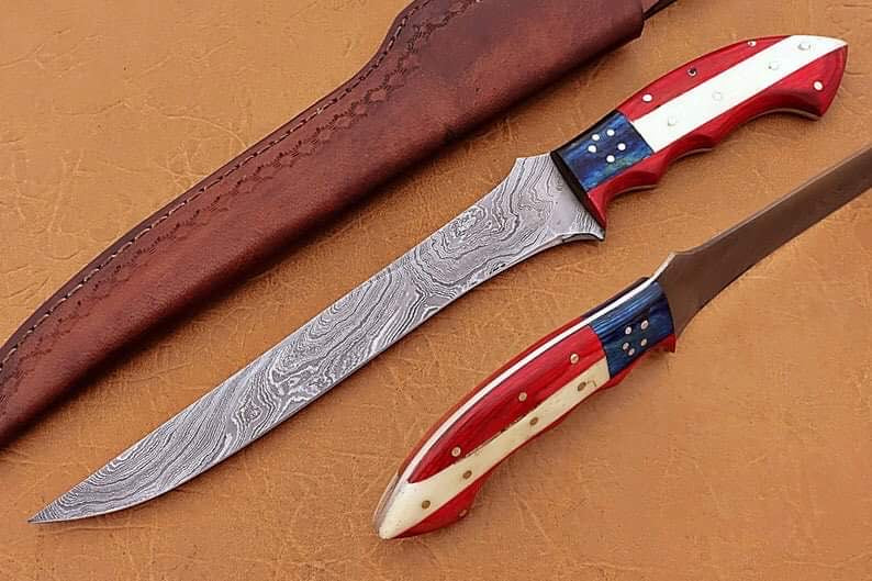 Custom Handmade Damascus US Flag Handle Fillet knife - Troy Blades