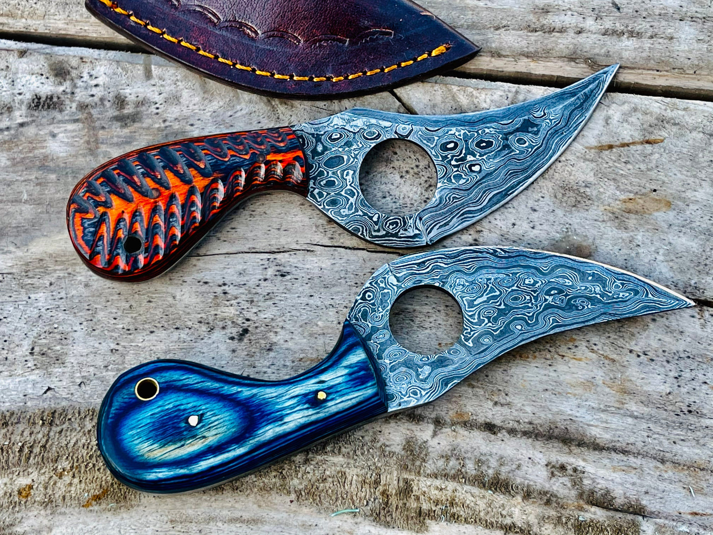 pair of two  Handmade Damascus Hunting skinning knife with Leather sheathe - Troy Blades